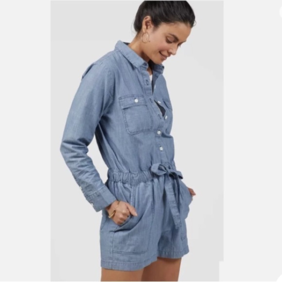 Outerknown Benson Chambray Denim Organic Cotton Jumpsuit $188 Shortall Blue M - Picture 3 of 11